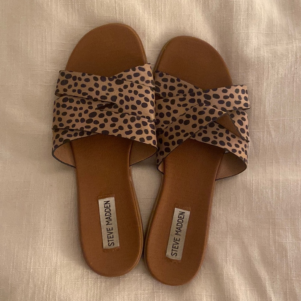 Steve Madden faux leather slide on sandals with leopard print braided straps